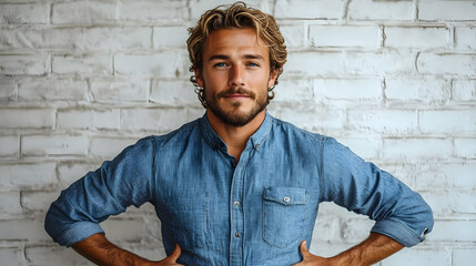Obraz premium Portrait Photo of a Handsome Man with Blonde Curly Hair Wearing a Denim Shirt Against a White Brick Wall Background