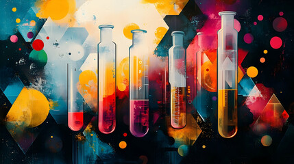 Colorful test tubes filled with various liquids against a geometric backdrop.