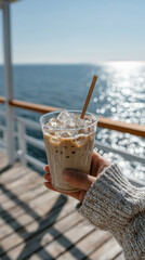 Hand gripping cold coffee drink with paper straw, ocean waves blurring background