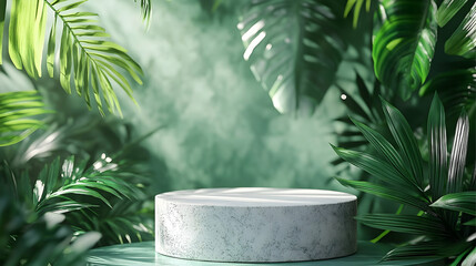 Round, light gray stone podium surrounded by lush green foliage.