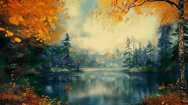 Painterly autumn scene with vibrant orange leaves, trees reflecting in lake, serene landscape, and a peaceful natural setting.