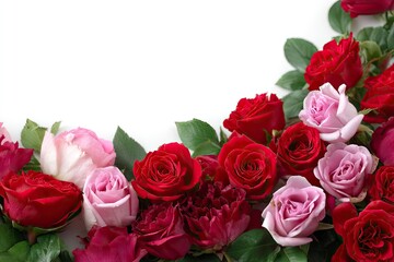 Fresh red and pink roses border isolated on white background