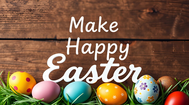 colorful decorated eggs rustic wooden background make happy easter text message calligraphy