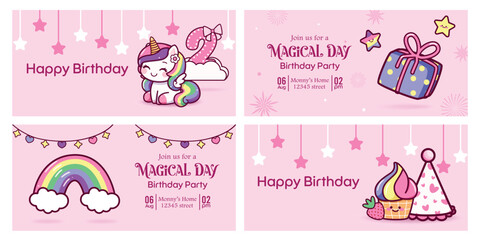 Birthday girl invitation card clipart banner set. 2nd birthday invitation card clip art with magical unicorn party theme in pink background banner template collection vector illustration.  © Zeinous