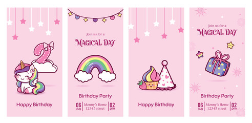 Birthday girl invitation card clipart poster set. 2nd birthday invitation card clip art with magical unicorn party theme in pink background template collection vector illustration.

