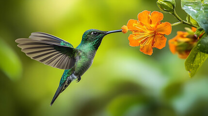 Fototapeta premium A hummingbird in flight, feeding on a vibrant orange flower.