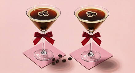 Elegant Espresso Martini Cocktails adorned with coffee beans and red bows on pink napkins a perfect Valentine's Day drink