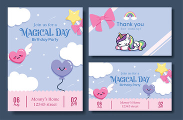 Birthday invitation card clipart poster set. Birthday magical invitation card and thank you tag clip art collection with cloud, cute heart in purple background banner design vector illustration.
