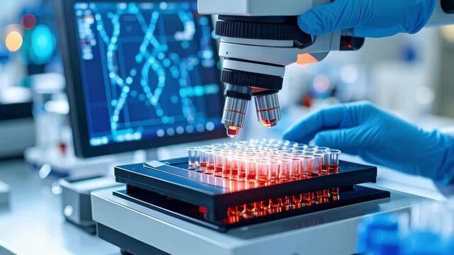 Scientist in blue gloves examines lab samples under microscope with DNA structure visible on the computer screen.