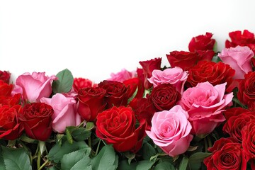 Fresh red and pink roses border isolated on white background