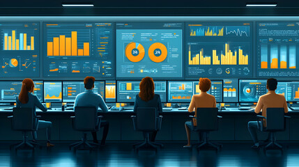 Digital Business Intelligence Illustration: Data Analysts Monitoring Financial Performance
