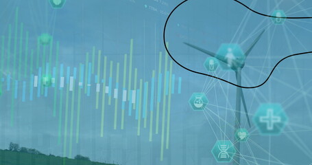 Wind turbine standing on rural hill with bar charts, network lines, hexagon icons, copy space