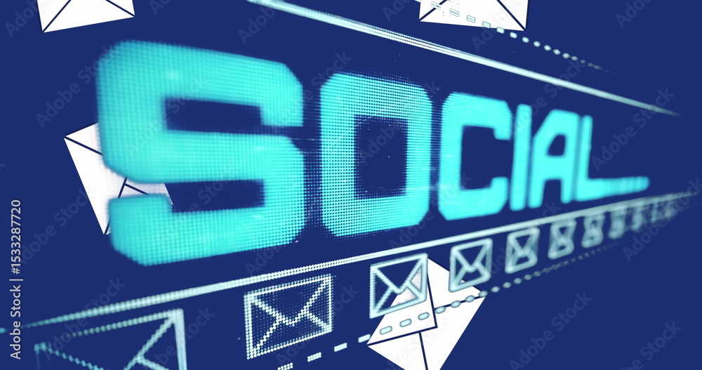Poster displaying pixelated social text floating on digital interface, with envelope icons, dashed lines