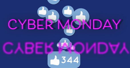 Fototapeta premium Displaying neon pink CYBER MONDAY reflecting on blue web banner, with thumbs-up icons and 344 likes