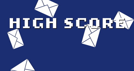 Displaying pixel-art text HIGH SCORE on dark blue backdrop, with scattered white envelope icons