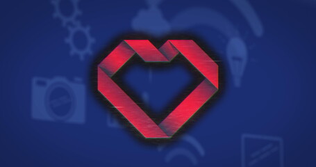 Displaying red heart emblem floating on blue canvas, with gear camera bulb wireless signal icons