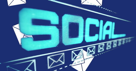 Displaying pixelated SOCIAL text floating on digital interface, with envelope icons, dashed lines
