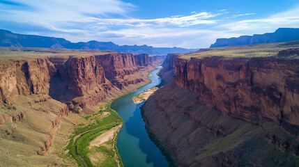 An aerial view captures the vast, majestic scale of a deep canyon with a winding river flowing through its red rock walls under a blue sky
