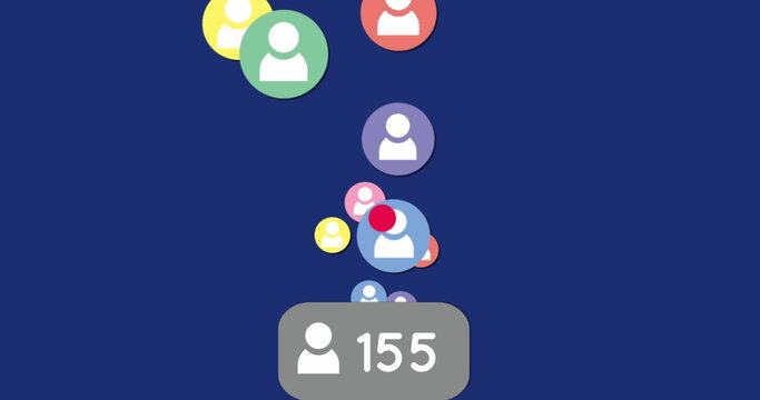 Displaying gray badge showing user count 155 on blue screen with colored avatars, red badge
