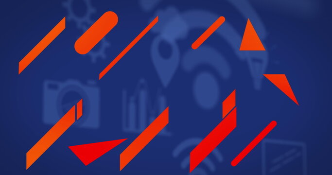 Displaying red and orange geometric shapes floating on deep blue canvas, with technology icons