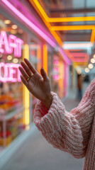 Woman touching neon signage, sporting rings, pink sweater amid vibrant market setting