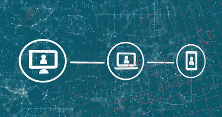 Displaying desktop, laptop, smartphone icons in white circles against teal grid, with math formulas