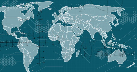 Presenting stylized world map of continents on digital display, with math symbols and hex patterns