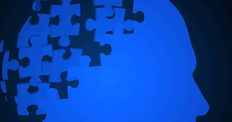 Depicting bright blue head silhouette losing puzzle pieces in navy gradient, with floating pieces
