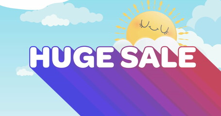 Displaying bold HUGE SALE text floating in sky with diagonal shadows, smiling sun and fluffy clouds