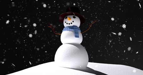 Smiling snowman wearing scarf and top hat on snowy hill under night sky, extending twig arms