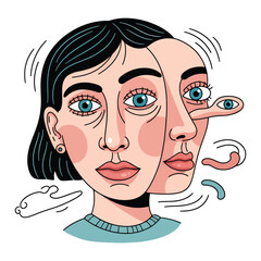 A stylized illustration depicts a woman's face splitting to reveal a distorted, surreal second face with exaggerated features.