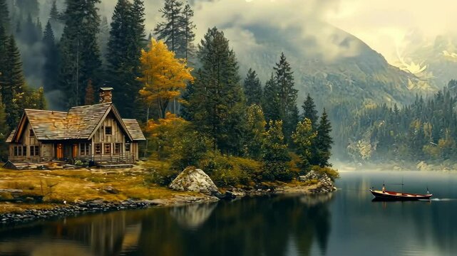 Idyllic cabin getaway nestled by a serene lake and mountain landscape with trees, forest, and reflection creates peaceful nature escape.