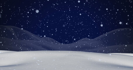 Obraz premium Snow-covered landscape spreading across nighttime field, with rolling hills and falling snowflakes