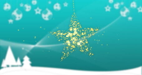 Glittering golden particle-based star hanging in winter scene, with pine trees and celestial icons