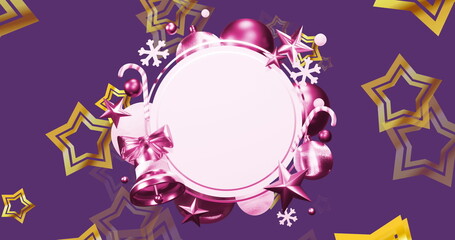 Blank circular label sitting in illustration with festive ornaments and snowflake accents