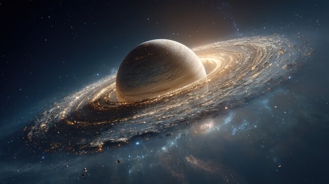 Spectacular view of a planet with rings in deep space, a cosmic masterpiece