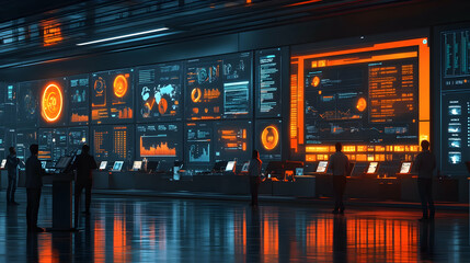 Futuristic Digital Dashboard Illustration: Data Analysts Monitoring Global Network Systems
