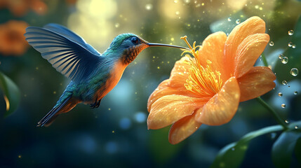 A hummingbird hovers near a vibrant orange flower.