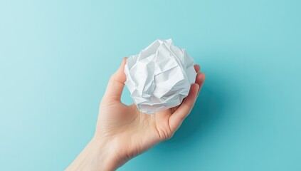 A crumpled ball of white paper held in a hand, against a light teal background