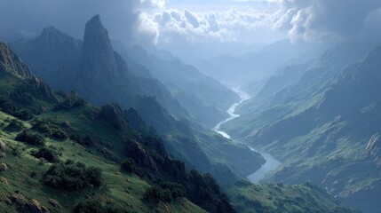 Obraz premium Majestic mountain range with a winding river beneath a cloudy sky landscape