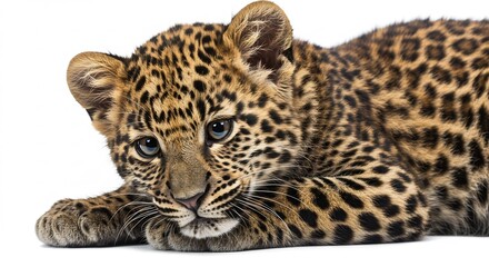 Obraz premium Adorable Leopard Cub Softly Rests White Background. AI Generated
