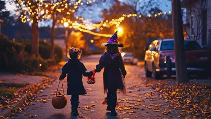 Two children in costumes walking on street for Halloween. Holiday trick or treat with pumpkin. Halloween celebration. - Powered by Adobe