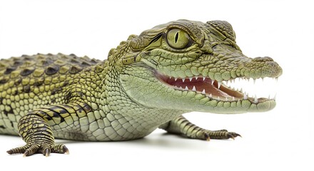 Naklejka premium Cute baby crocodile shows sharp teeth brightly lit against white background. AI Generated