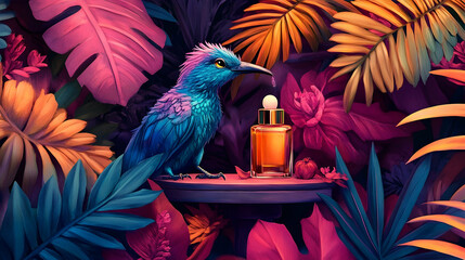 Obraz premium Vibrant bird perched on a shelf amidst tropical foliage.