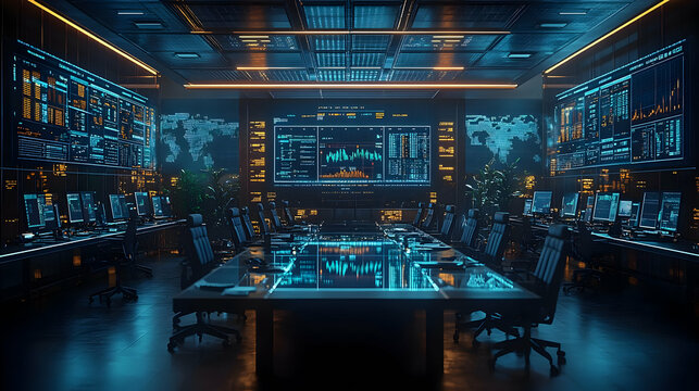Cybersecurity Command Center 3D Illustration: Futuristic Data Visualization and Monitoring - Powered by Adobe