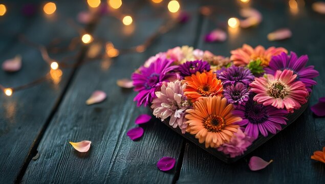 Heart-shaped floral arrangement on dark wooden planks, illuminated by fairy lights