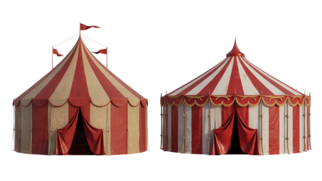 Vintage red and white striped circus tents fairground festival on transparent background