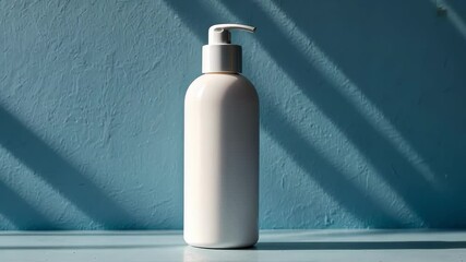 White pump bottle against blue wall with shadows, cosmetic container, beauty product, healthcare, lotion, hygiene, and skincare. - Powered by Adobe