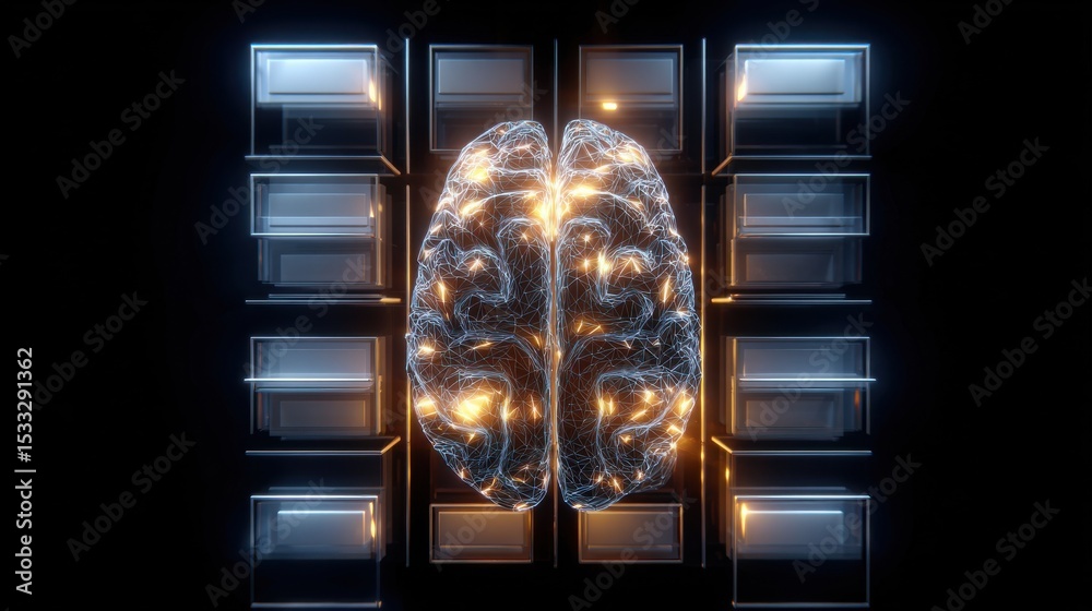 Poster A brain is shown in a futuristic setting with a lot of light