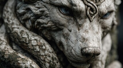 Fototapeta premium Detailed close-up of a weathered wolf stone statue with celtic knot details